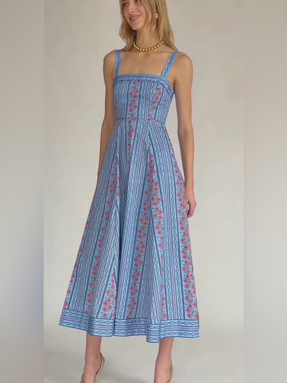 Hill House Ezra Blue Maxi Dress with Red Floral Print